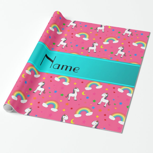 Personalised name pink unicorns rainbows wrapping paper (Unrolled)