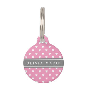 Personalised Name Pink White Heart Pattern Pet Tag