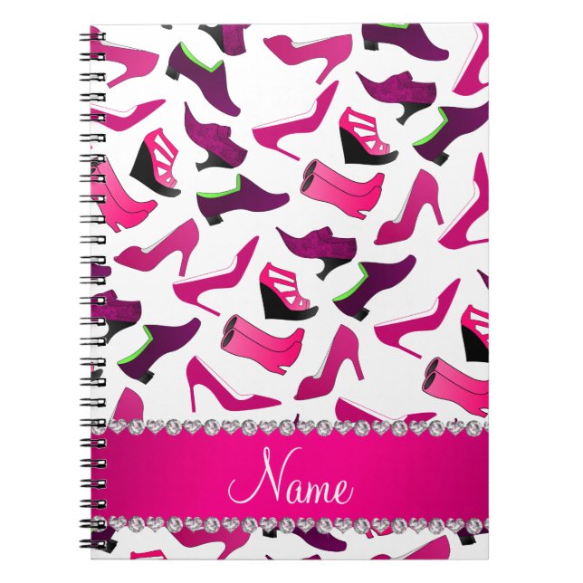 Personalised name pink white women's shoes pattern notebook (Front)