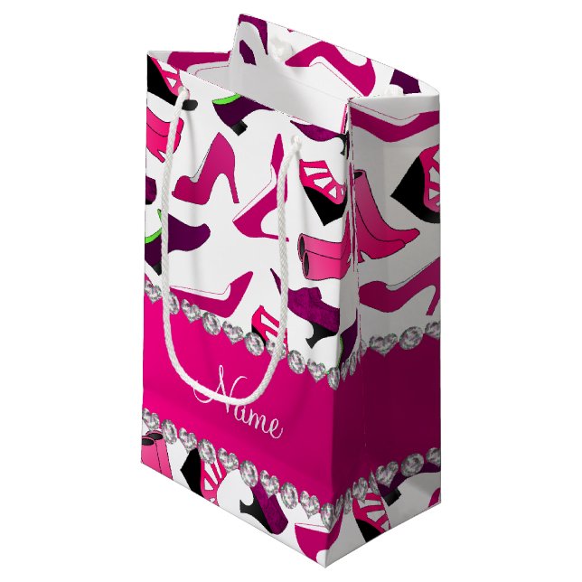 Personalised name pink white women's shoes pattern small gift bag (Front Angled)
