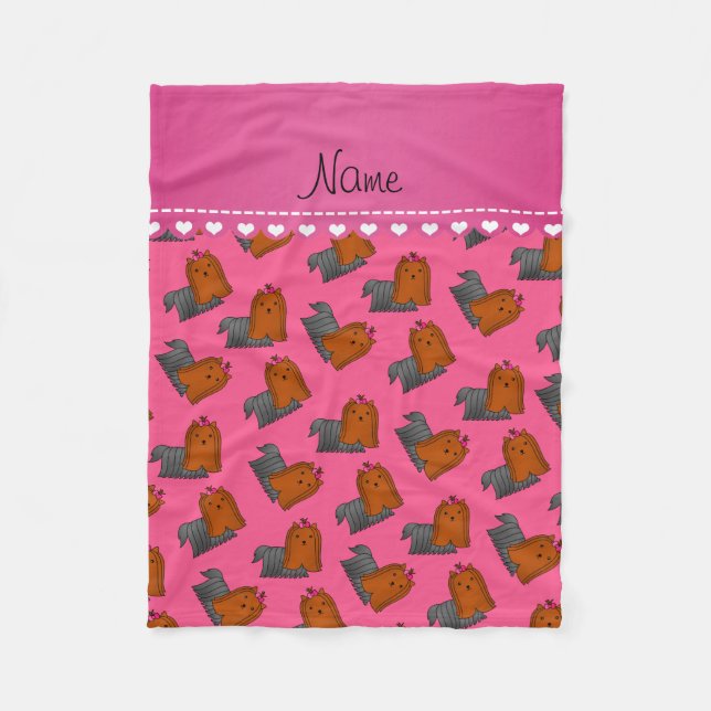 Personalised name pink yorkshire terriers fleece blanket (Front)