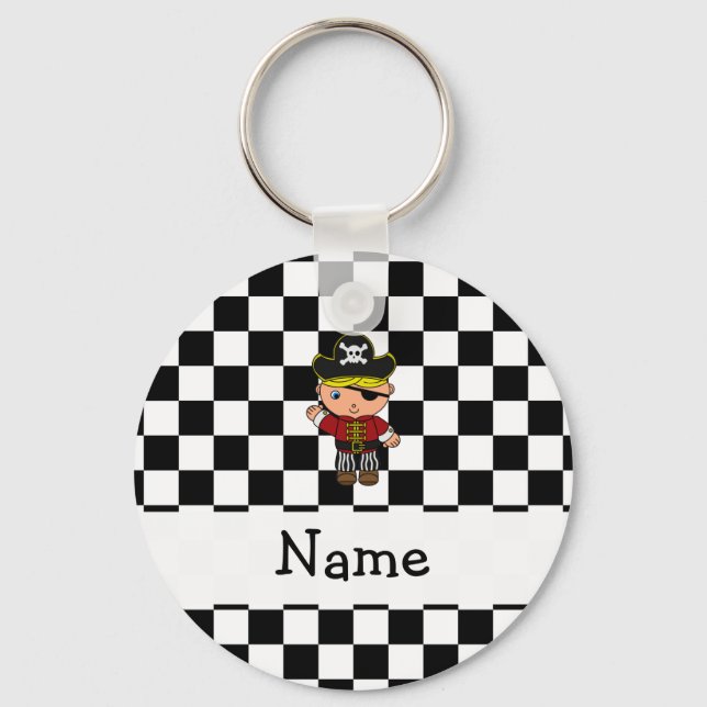 Personalised name pirate black white checkers key ring (Front)