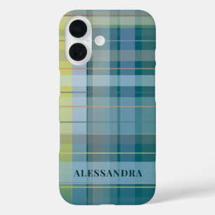 Personalised Name Plaid Check Blue Teal Stylish  iPhone 16 Case