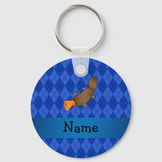 Personalised name platypus blue argyle key ring (Front)