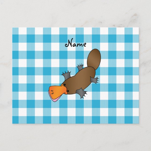 Personalised name platypus blue checkers postcard (Front)