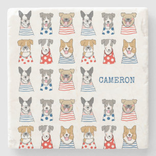 Personalised Name Playful Dog Lovers Sketch Stone Coaster