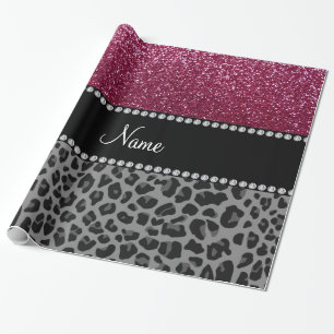 Personalised name plum glitter black leopard wrapping paper