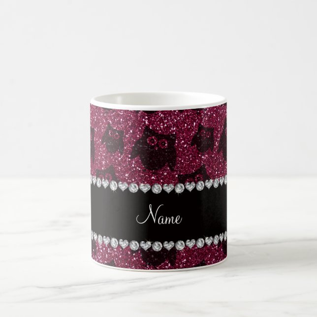 Personalised name plum purple glitter owls coffee mug (Center)