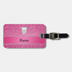 Personalised name polar bear pink glitter luggage tag