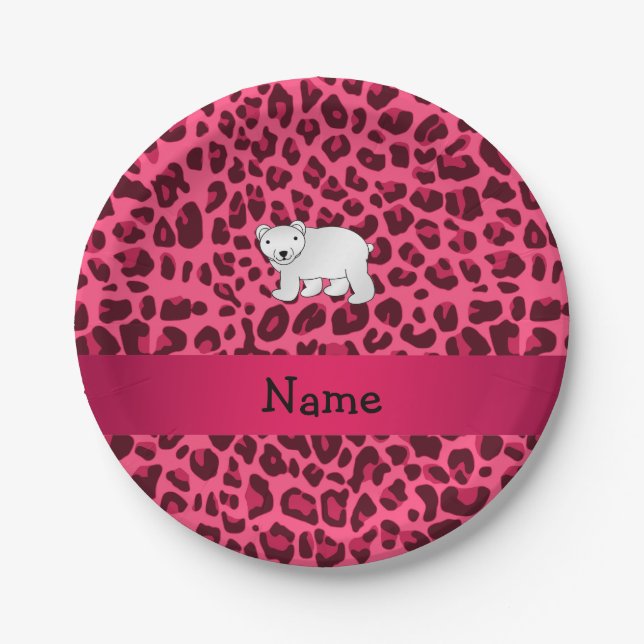 Personalised name polar bear pink leopard print paper plate (Front)