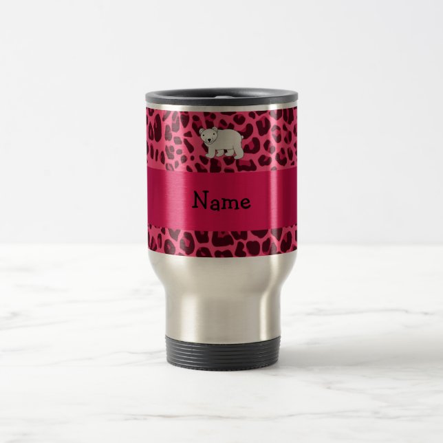 Personalised name polar bear pink leopard print travel mug (Center)