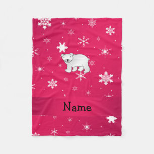 Personalised name polar bear pink snowflakes fleece blanket