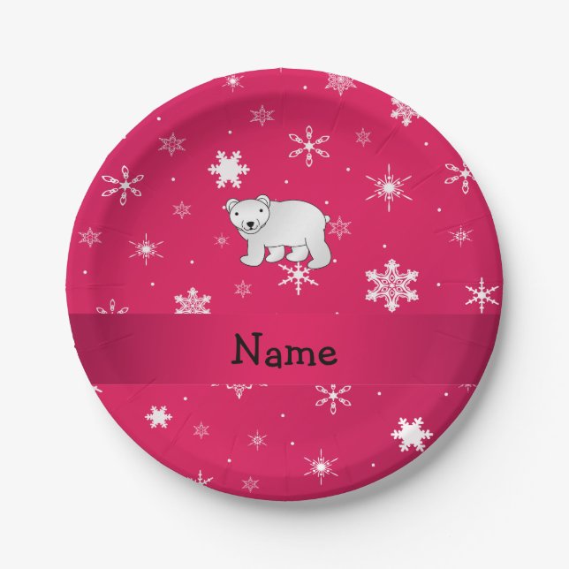 Personalised name polar bear pink snowflakes paper plate (Front)