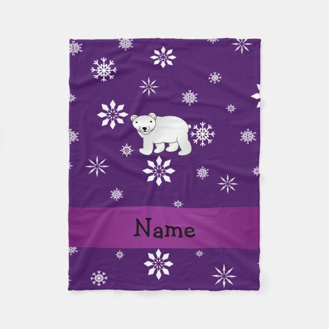 Personalised name polar bear purple snowflakes fleece blanket (Front)
