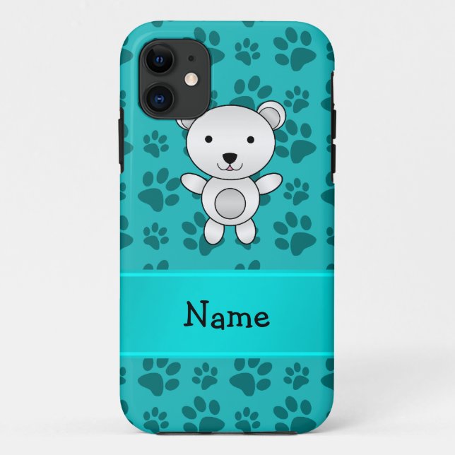 Personalised name polar bear turquoise paw pattern Case-Mate iPhone case (Back)