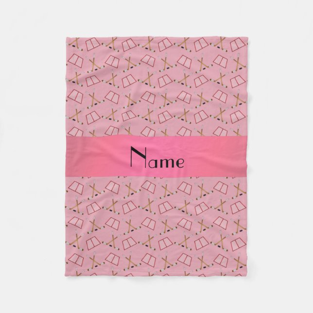 Personalised name pretty pink hockey pattern fleece blanket (Front)