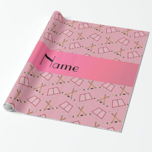 Personalised name pretty pink hockey pattern wrapping paper
