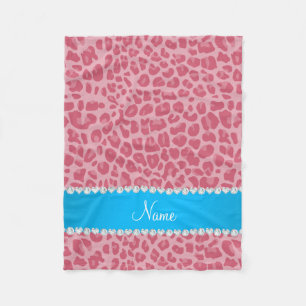 Personalised name pretty pink leopard blue stripe fleece blanket