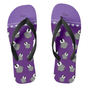 Personalised name purple baby penguins flip flops