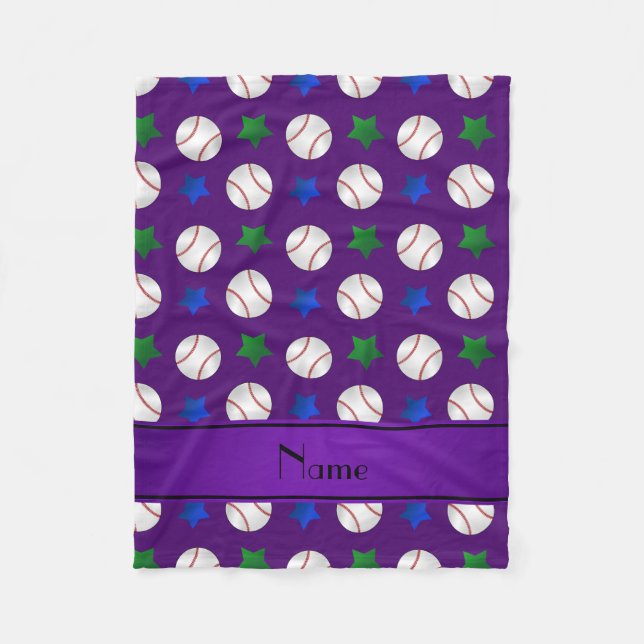 Personalised name purple baseball blue green stars fleece blanket (Front)