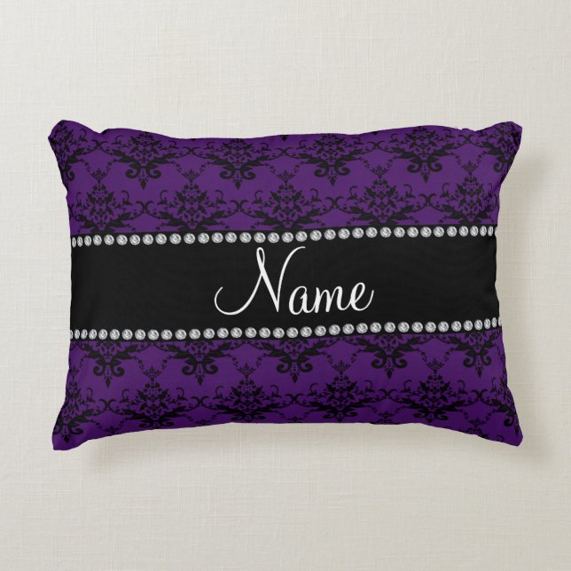 Personalised name Purple black damask Decorative Cushion (Front)
