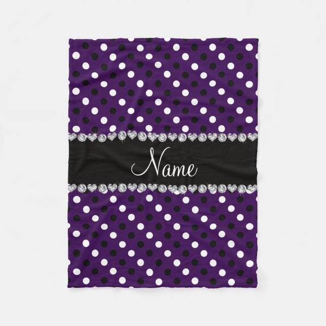 Personalised name purple black white polka dots fleece blanket (Front)