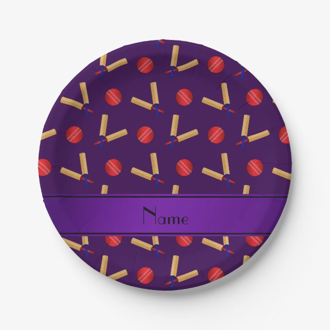 Personalised name purple cricket pattern paper plate (Front)