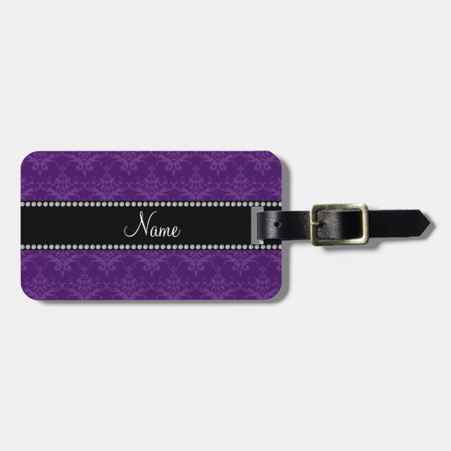 Personalised name Purple damask Luggage Tag (Front Horizontal)
