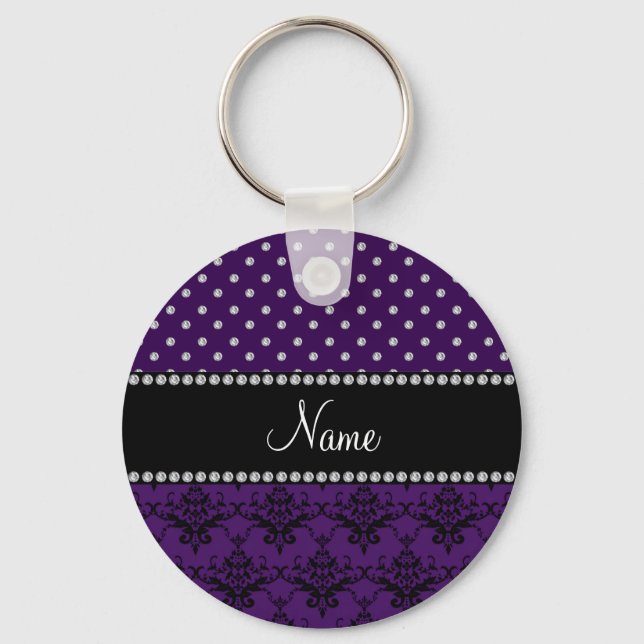 Personalised name purple damask purple diamonds key ring (Front)