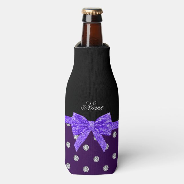 Personalised name purple diamonds purple bow bottle cooler (Bottle Front)