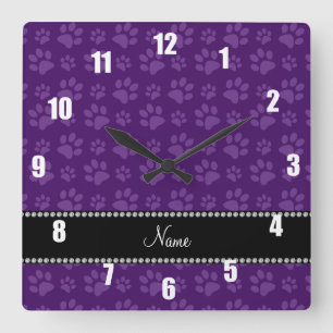 Personalised name purple dog paw prints square wall clock