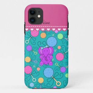 Personalised name purple elephant turquoise rattle iPhone 11 case