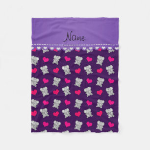 Personalised name purple elephants heart pattern fleece blanket