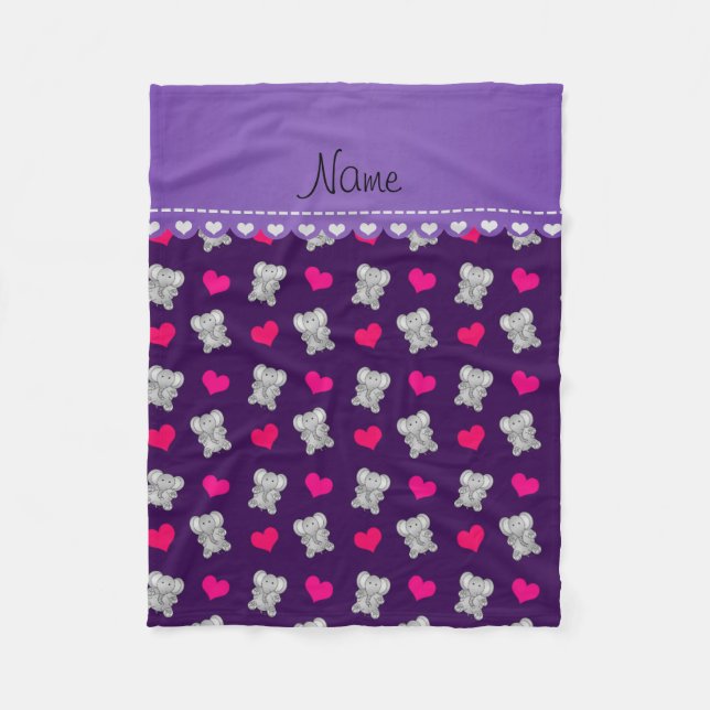 Personalised name purple elephants heart pattern fleece blanket (Front)