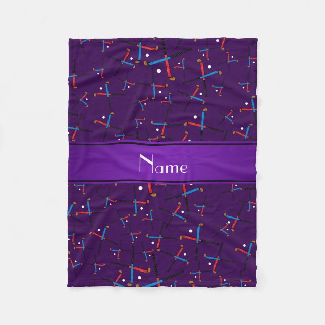 Personalised name purple field hockey fleece blanket (Front)