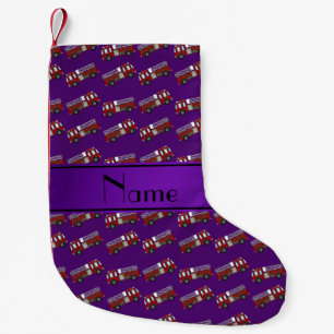Personalised name purple firetrucks small christmas stocking