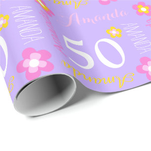 Personalised name purple flowers 50 birthday wrap wrapping paper