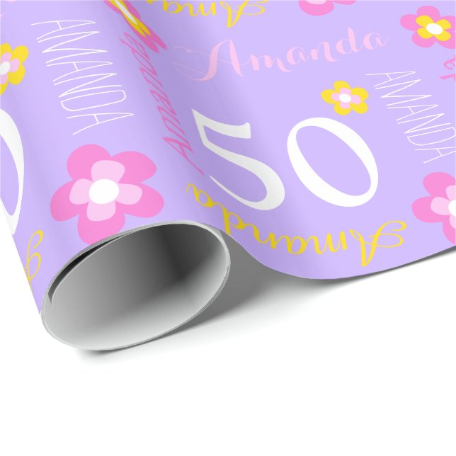 Personalised name purple flowers 50 birthday wrap wrapping paper (Roll Corner)
