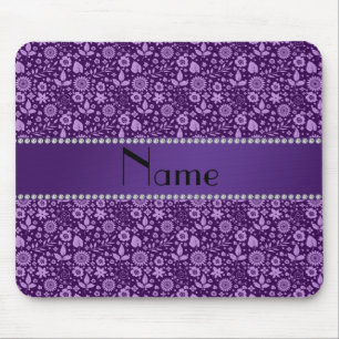 Personalised name purple flowers leaves mouse mat