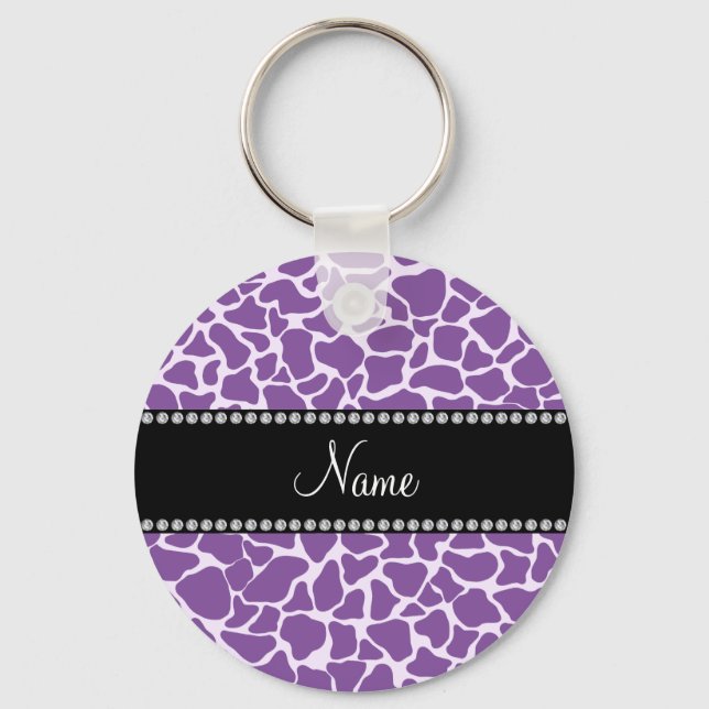 Personalised name purple giraffe pattern key ring (Front)