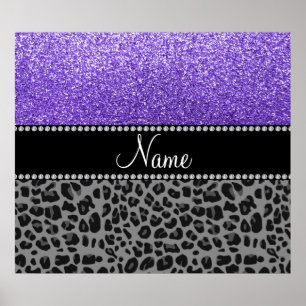 Personalised name purple glitter black leopard poster