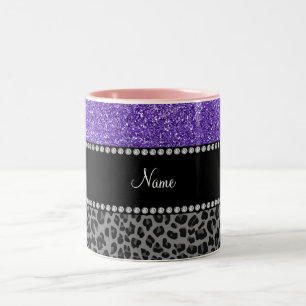 Personalised name purple glitter black leopard Two-Tone coffee mug