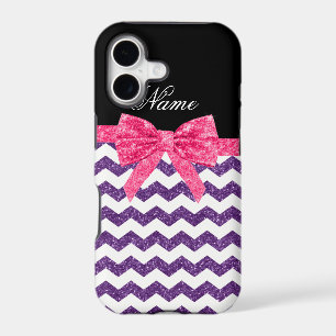 Personalised name purple glitter chevrons pink bow
