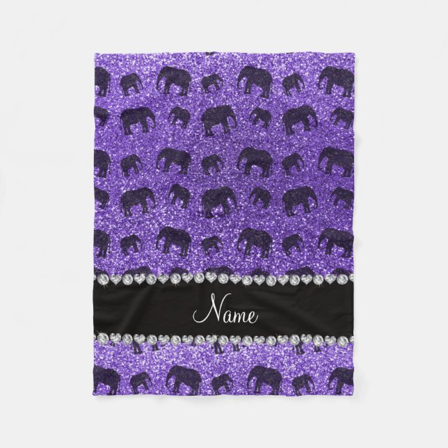 Personalised name purple glitter elephants fleece blanket (Front)