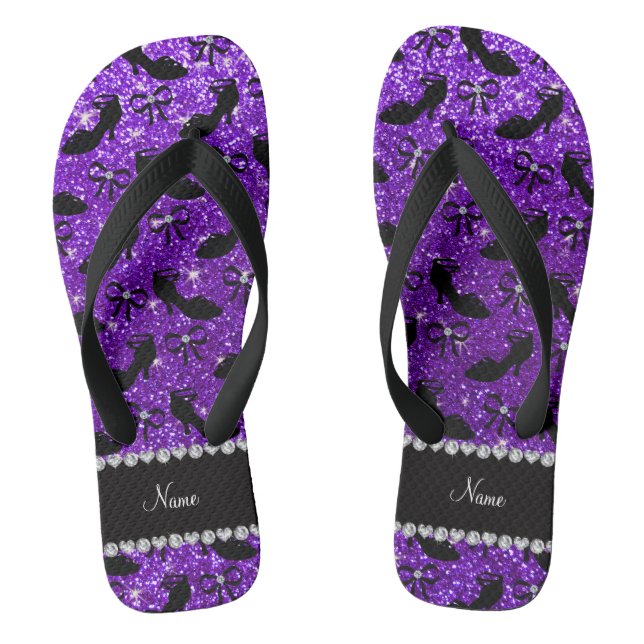 Personalised name purple glitter fancy shoes bows flip flops (Footbed)