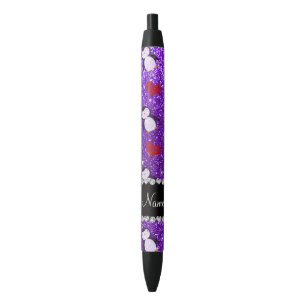 Personalised name purple glitter penguins hearts black ink pen