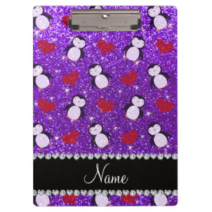 Personalised name purple glitter penguins hearts clipboard