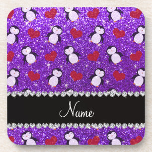 Personalised name purple glitter penguins hearts coaster