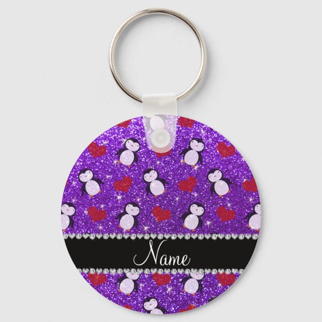 Personalised name purple glitter penguins hearts key ring (Front)