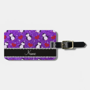 Personalised name purple glitter penguins hearts luggage tag